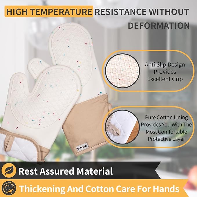 Oven Glove Cute,Cooking Mittens,Oven Mittens for Kitchen,Oven Gloves for Kitchen,Washable Silicone Oven Mitts Heat Resistant 500°F, Potholders for Kitchens Cooking Baking(Cream