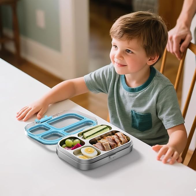 G.a HOMEFAVOR Kids Stainless Steel Lunch Box - 4-Compartment Bento Box with Locking Lid, One-Touch Latch, Leakproof Food Container for School, Travel, 800 ml, Blue