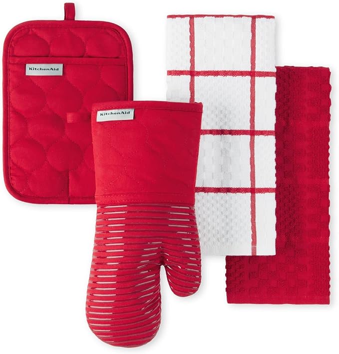 KITCHENAID Quilted Cotton Terry Cloth Oven Mitt, Pot Holder, Kitchen Towel 4-Pack Set, Heat Resistant, Silicone Grip, Gift Set, Passion Red, 16"x26", 7"x13" & 7"x10"