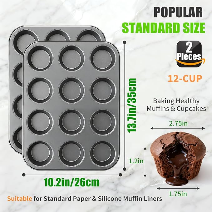 Muffin Pan for Baking, Nonstick Cupcake Tin 12 Cup, 2 Pack Cup Cake Tray, Premium Cheesecake Pans, Dishwasher Safe- Carbon Steel