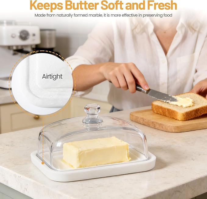 Koville White Marble Butter Dish with Lid for Countertop and Refrigerator Door Shelf, White Marble Butter Keeper, Stone Butter Dish with Lid, Airtight Butter Keeper Container, Dishwasher Safe