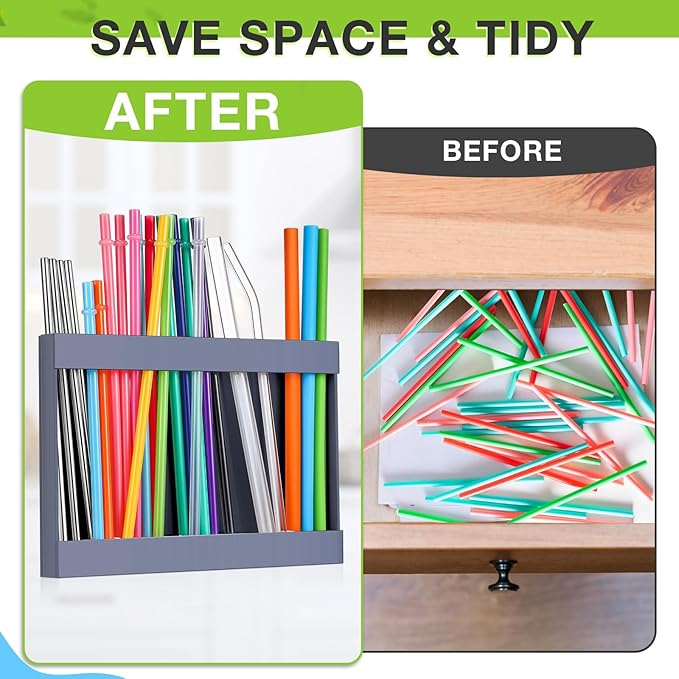 Qinyoung Acrylic Straw Holder for Cabinet Door with Double Sided Adhesive Tape Reusable Straw Organizer Tumbler Storage Kitchen Accessories Container for Counter Cupboard(Classic,Large,Grey)