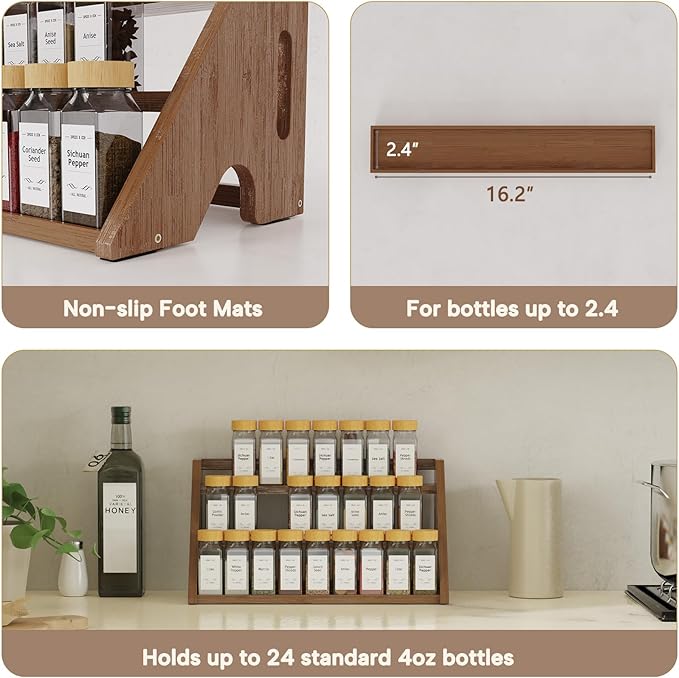 Bamboo Spice Rack Organizer -3-Tier Spice Rack for Countertop,Cabinet Spice Rack Organizer for 24 Spice Jars(4oz)，Step Shelf (Walnut)