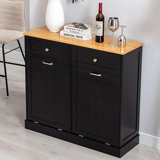 Gitua Double Tilt Out Trash Cabinet 20 Gallon, Freestanding Wooden Kitchen Trash Recycling Cabinet with Drawer & Removable Cutting Board, Dog Proof Trash Can Cabinet, Black
