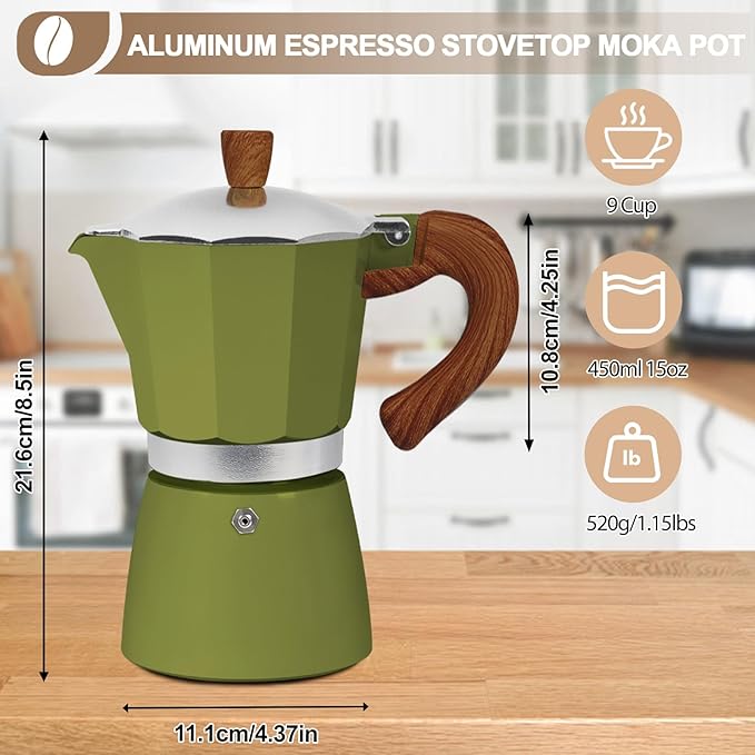 Aluminum 9 Cup 450ml Moka Pot Express Coffee Maker Stovetop Espresso Colorful Coffeemaker Italian Classic Style Brewing Greca Cafe Mocha Machine for Cafeteras Lover Camping Travel and Home Use 15oz