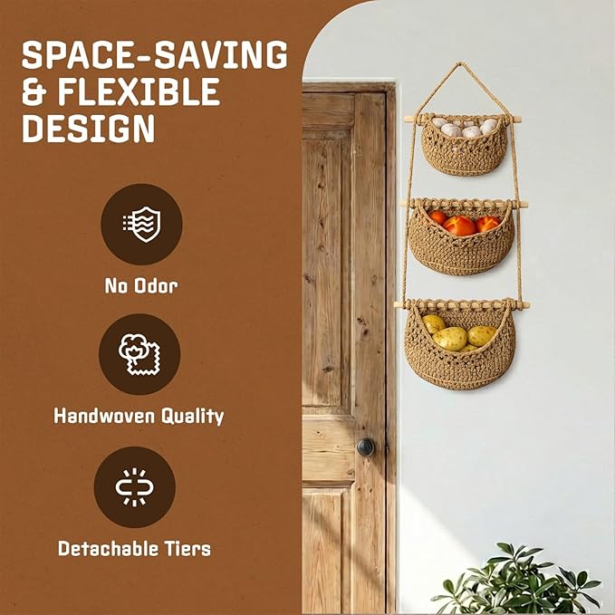 Cotton Hanging Fruit Basket, 3 Tier Woven Wall Basket, Hanging storage baskets for Kitchen and Bathroom, Macrame Wall Hanging, Boho Decor Over The Door Organizer, Brown