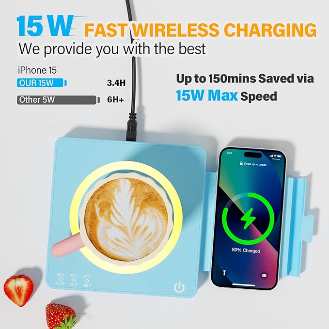 Coffee Mug Warmer, Smart Mug Warmer, 15W Wireless Phone Charging, 3 Heat Settings Temperature Controlled, 8H Auto Off, Candle Warmer, Safe for Heating Coffee, Beverage, Milk, Tea