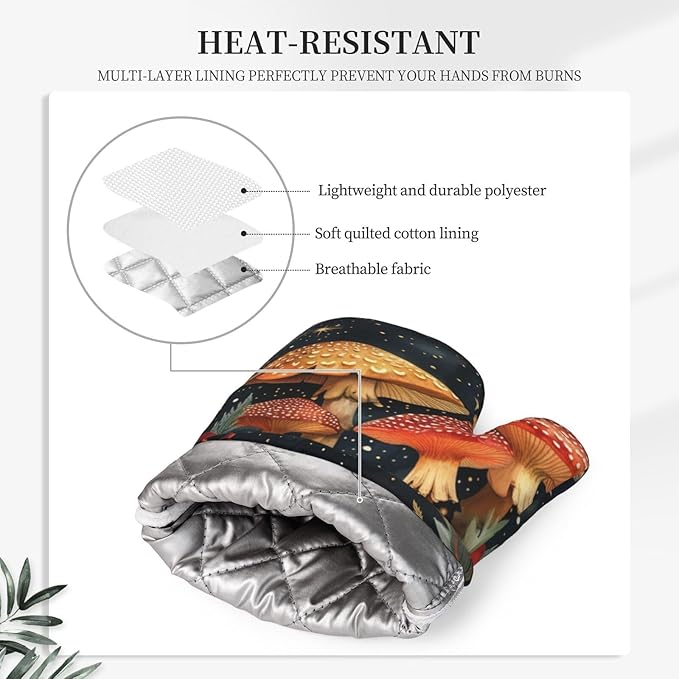 Oven Mitts and Pot Holders Mushroom Forest Vintage Silicone Kitchen Accessories Set of 4 Heat Resistant Long Gloves Potholder Non-Slip Grip for Chef Cooking Baking Grilling BBQ