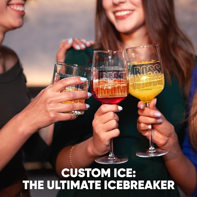 Berlinzo Premium Clear Ice Cube Maker with Conversation Ice Prints – 4 Large 2.1" Crystal Clear Ice Squares – Giftable Idea for Party, Game Night & Just for Fun – Includes Storage Bag (Non-Electric)