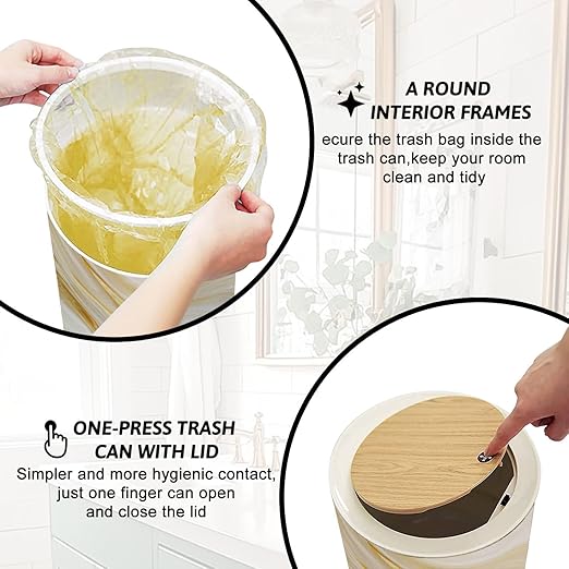 Trash Can with Lid Marble wall white brown ink swirl yellow green graphic abstract light Press Top Round Small Garbage Bin with Wooden Legs Waste Basket for Kitchen Bedroom Nursery 7L/1.8 Gallon