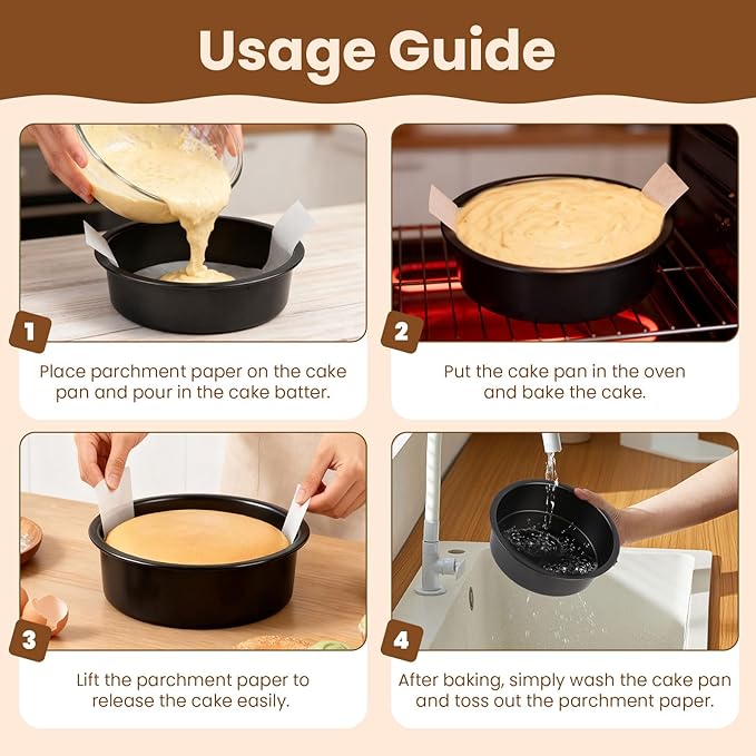 6 Inch Round Cake Pan Set of 3 - Nonstick Carbon Steel Cake Baking Pans with 100 PCS Parchment Paper, Dishwasher Safe, Durable for Layer Cakes, Birthday & Christmas Baking