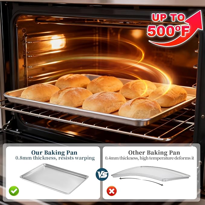 Full Size Commercial Quality Baking Sheet Pan, Bastwe Aluminum Cookie Tray Pan for Oven, Freezer, Bakery, Hotel Restaurant, Thick Steel Rim Prevents Warping (6 Pack, 26 x 18 Inch)