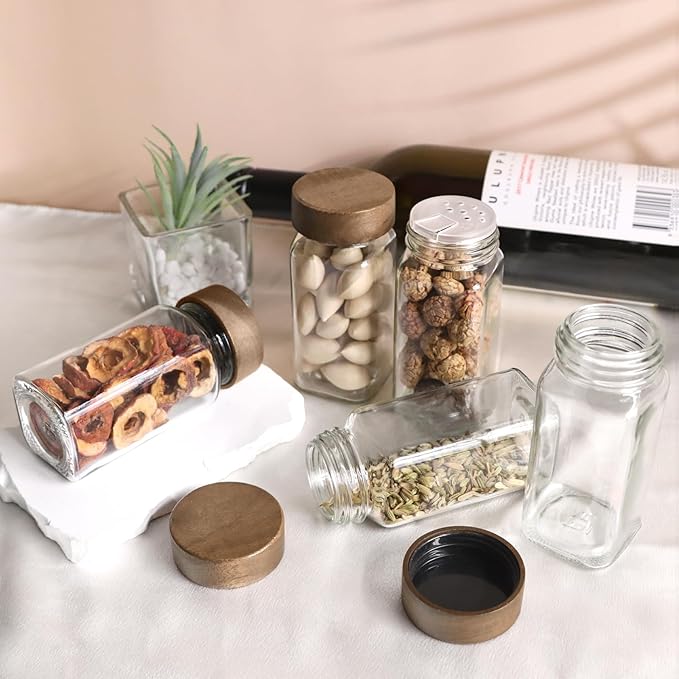 ZEHIQ 30Pcs 4oz Square Glass Spice Jars with Moisture-Proof Acacia Wood Lids, Food-Grade Seasoning Containers with Shaker Lids, 348 Labels, Markers, Funnel & Brush for Pantry Cabinet Drawer Storage