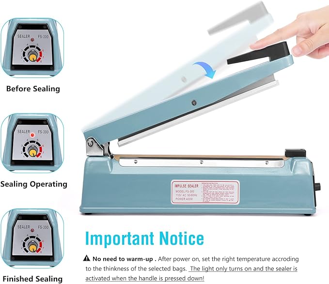 METRONIC Impulse Sealer 12 Inch, Heat Sealer Machine with Repair Kit, Manual Bag Sealer, Heavy Duty Impulse Heat Sealer for Plastic Bags, Shrink Wrap Bag (Blue)