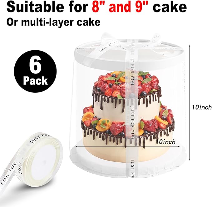 JCD Multi-Layer 6 Pack Clear Cake Box with Ribbon,Tall Cake Box Carrier, Tiered Transparent Cake Packaging Boxes 10 Inch, PET Round Cake Containers for Party (Clear lid, Round 10inch/6pcs)