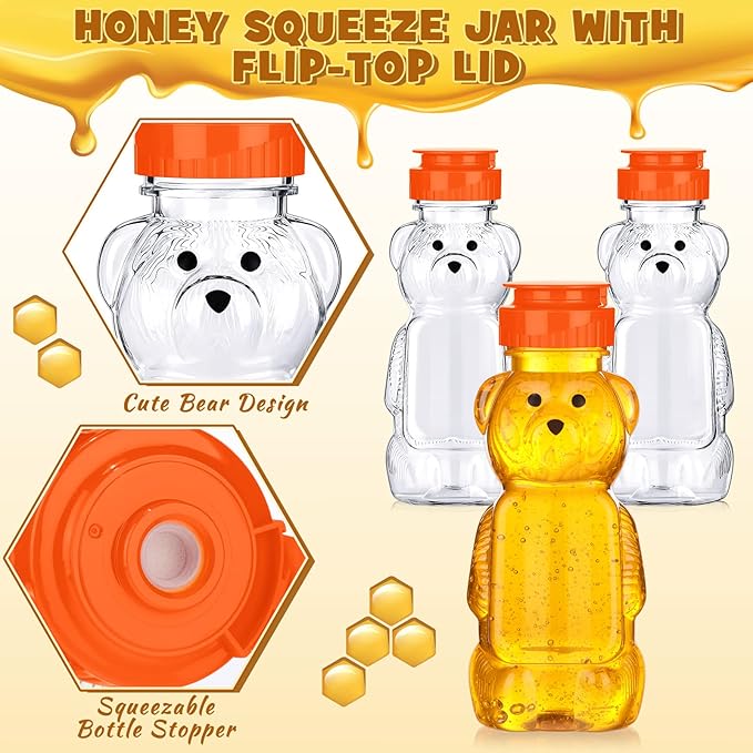 Thenshop 36 Pcs 8 oz Honey Jar Plastic Empty Bear Bottle Dispenser Clear Transparent Honey Containers Bear Cup Squeeze Bottle with Flip Top Lid for Storing Dispensing(Orange Lid)