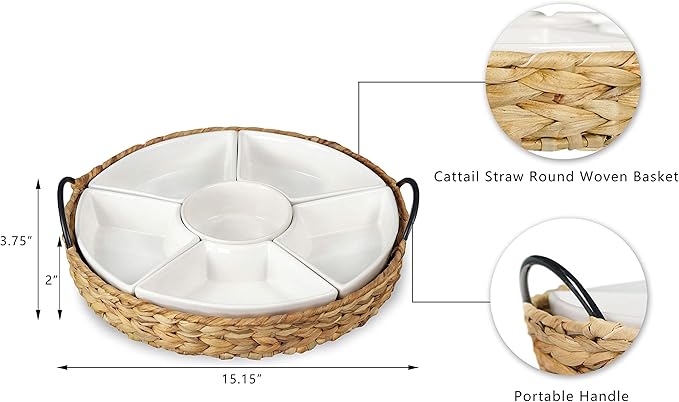 Ceramic Serving Tray, Food Tray 15.5 x 15.5 Inches,Divided Serving Platter with 6 Removable Dishes, Portable Handle Cattail Serving Bowls,Perfect for or Chips and Dip,Natural
