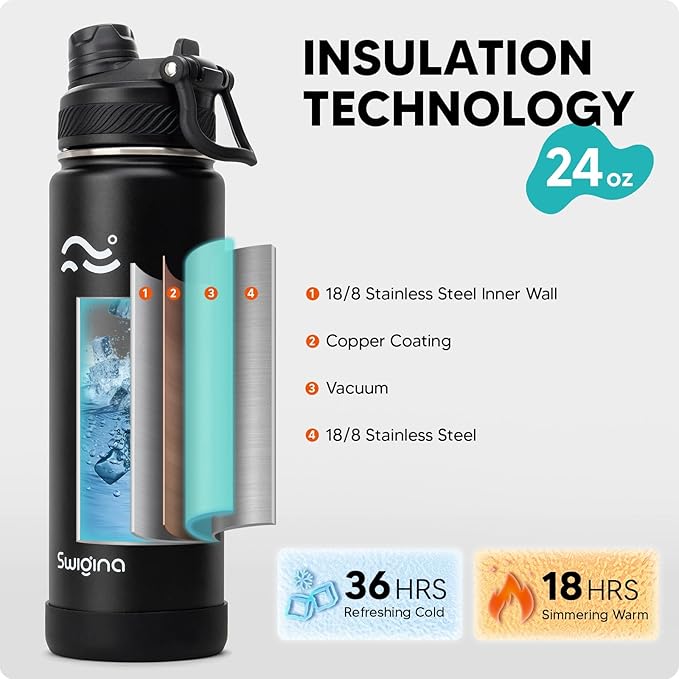 Swigina [2-IN-1 LID] Insulated Water Bottle with Silicone Boot (36hrs Cold/18hrs Hot) - DIY Stickers, Leakproof, BPA Free, Black, 24 oz