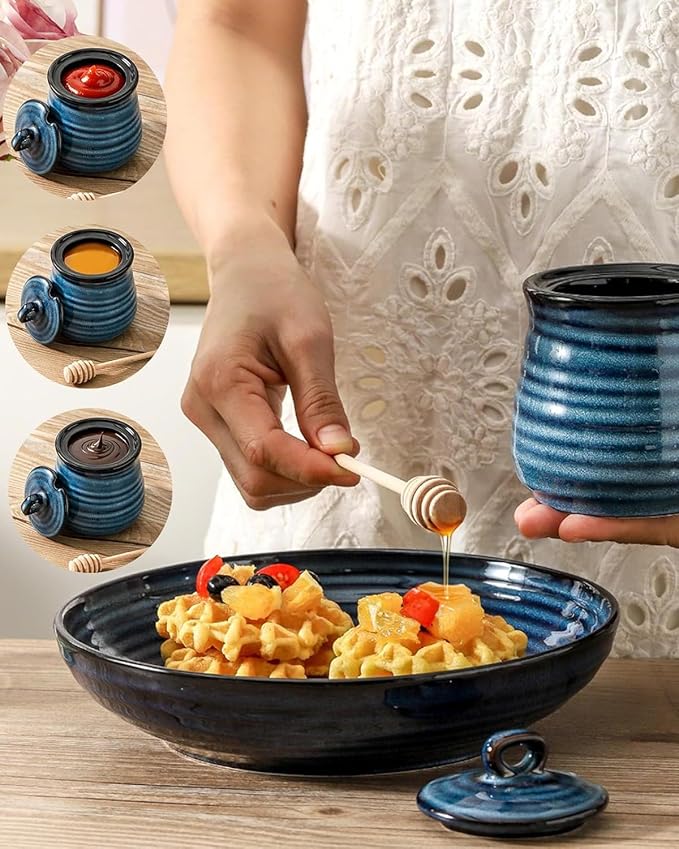 Ceramic Honey Pot with Lid and Honey Dipper, 12 oz Honey Jar and Wooden Dipper, Pottery Honey Container for Home, Cute Honey Dish, Dishwasher Safe, Blue