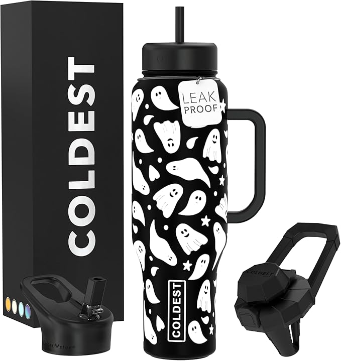 Coldest Tumbler with Handle and Straw - 100% Leak Proof Insulated Tumbler with Lid and Straw (3 Lids) - Stainless Steel Tumblers for Women & Men - Cup Holder Friendly Base, 46 oz (Ghosts)