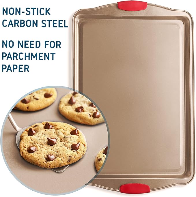 Baking Sheet Set, 3-Piece Cookie Sheet Set with Silicone Handles, Steel Baking Pans Set, Durable Baking Sheets for Oven, BPA Free Cookie Sheets for Baking Nonstick Set, Sheet Pan - Bronze Baking Pan