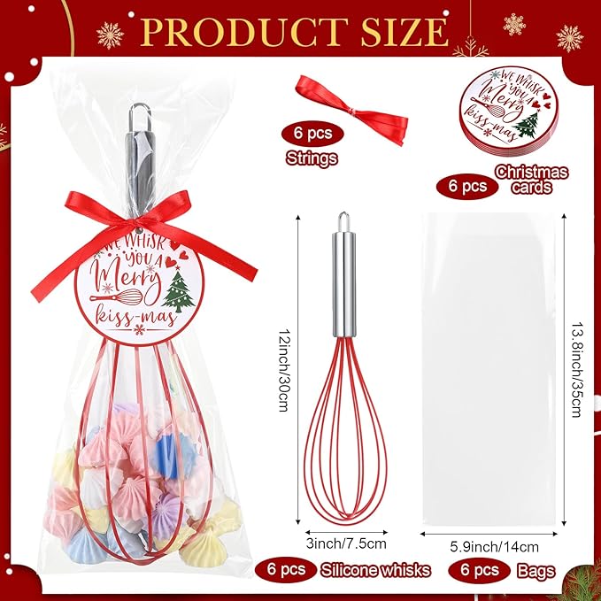6 Sets 12 Inch Christmas Whisks Gifts DIY Fillable Christmas Tree Ornaments Xmas Colored Silicone Whisks for Cooking Heat Resistant Egg Beaters with Card Rope Bag for Candy Holder