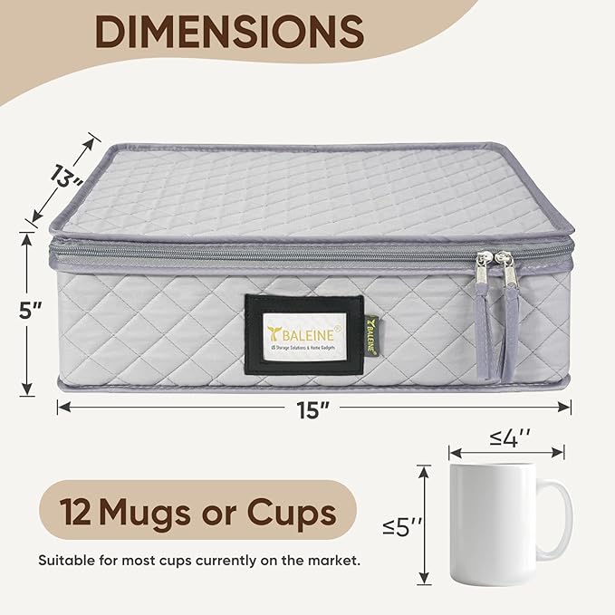 BALEINE China Storage Containers, Sturdy Quilted Wine Glass Storage, Plate Organizer with Carry Handles, Moving Boxes for Dishes, Cups, Mugs and Stemware (Mug Storage, Soft Shell Grey)