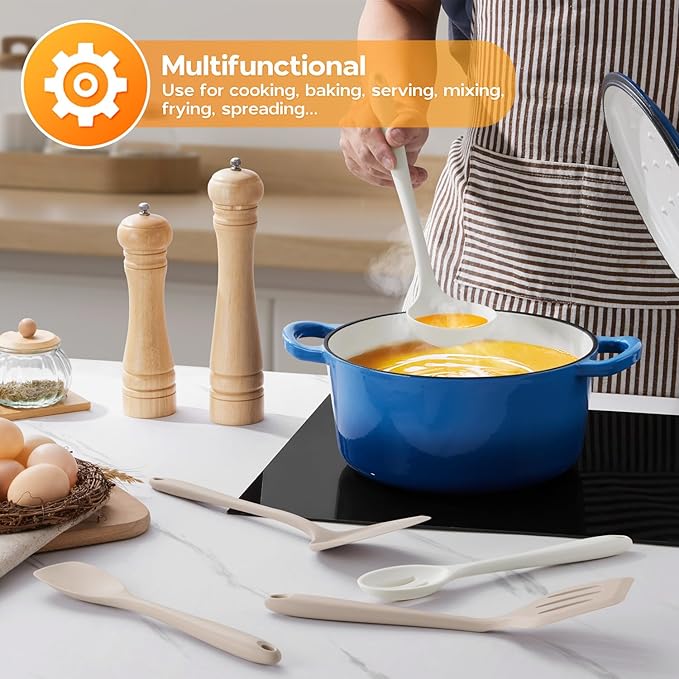 Onader Kitchen Cooking Utensils Set, 10 Pcs Silicone Non Toxic Cooking Utensils Set, Heat Resistant & Nonstick Cookware Friendly - 2 Mixed Color (Khaki & White)