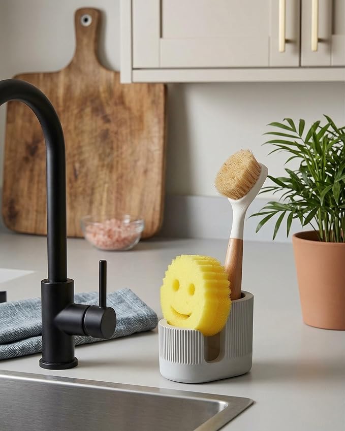 2-in-1 Diatomite Sponge Holder for Kitchen Sink, Quick-Drying Sponge and Dish Brush Holder, Absorbent Stone Sink Caddy Organizer, Light-Gray