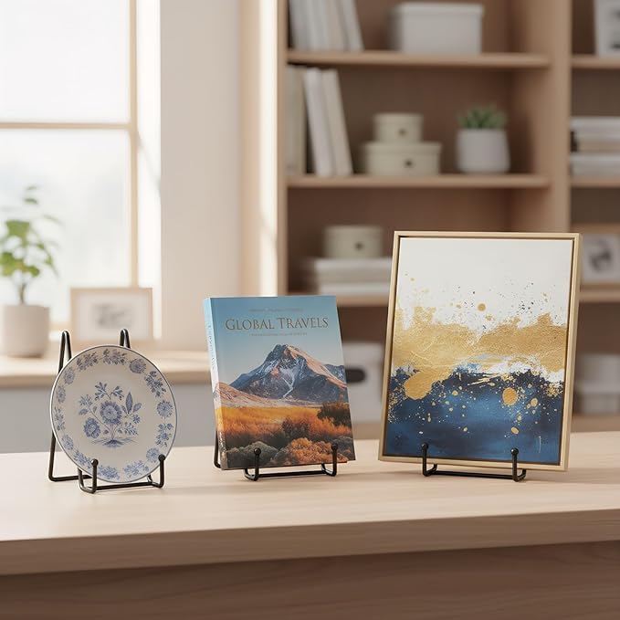 Plate Stands Holder - 3 Pack, Picture Frame Display for Bookcase, Photo on Table Top (Black, 8")