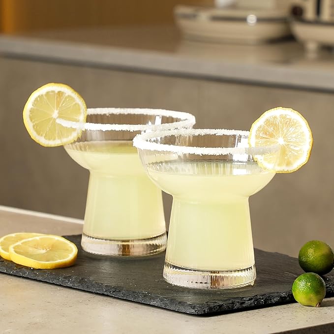Lysenn Stemless Margarita Glasses Set of 4 - Elegant Vertical Stripes Cocktail Glasses – Premium Hand Blown Glassware for Martini and Mixed Drinks – 10 oz