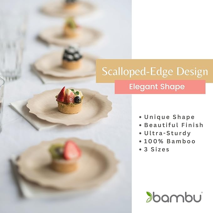 Bambu Pack of 100-7 Inch Disposable Bamboo Plates Fancy, Biodegradable Eco Friendly Products, Bamboo Disposable Plates for Party, Weddings, and Events, Great For Any Occasion - Bulk Case