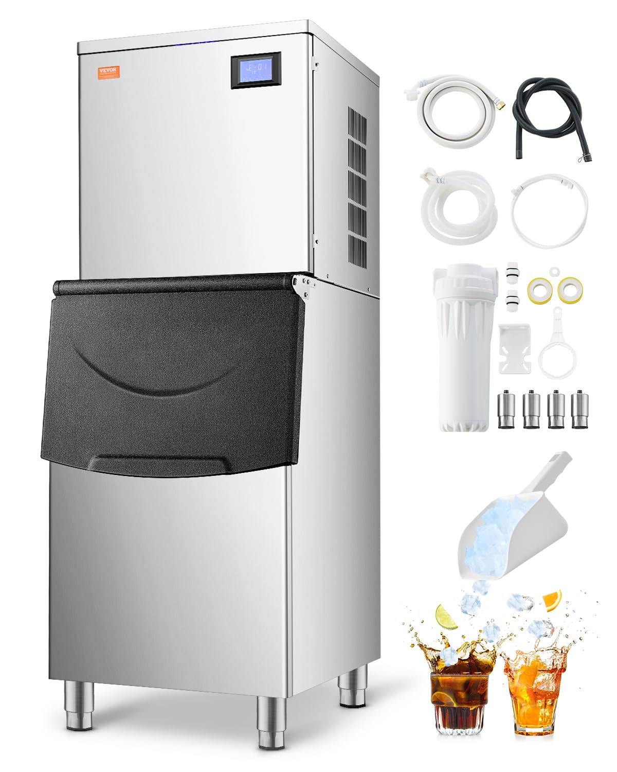 VEVOR Commercial Ice Maker Machine, 450LBS/24H Ice Making Machine with 250LBS Large Storage Bin, Auto Self-Cleaning Ice Maker Machine with Touchscreen for Bar Cafe Restaurant Business Commercial