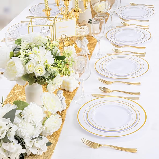 WDF300 Pieces Gold Plastic Silverware - Heavy Duty Disposable Cutlery Set Plastic Gold Silverware Set Includes 100 Forks, 100 Spoons, 100 Knives for Party/Thanksgiving