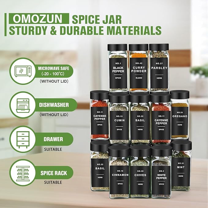 Spice Jars with Label, 12pcs 4oz Glass Spice Jars with Black Lids, Square Spice Containers with 152 Labels and Shaker Inserts, Empty Seasoning Bottles for Drawer, Cabinet, Seasoning Organizer