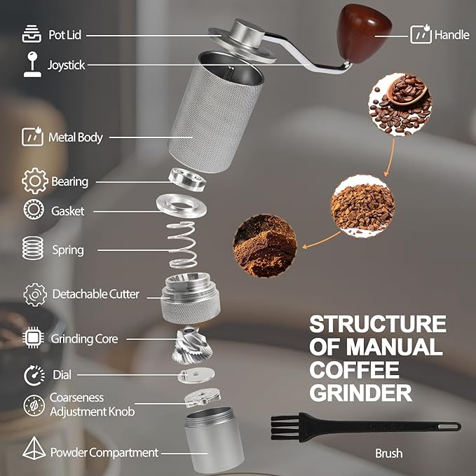 Detachable Manual Coffee Grinder with 25 Level Stainless Steel Conical Burr Portable Aluminum Coffee Bean Grinder Grinder Gift Set Suitable for Moka Pot Espresso Pour Over Easy Cleaning with Brush