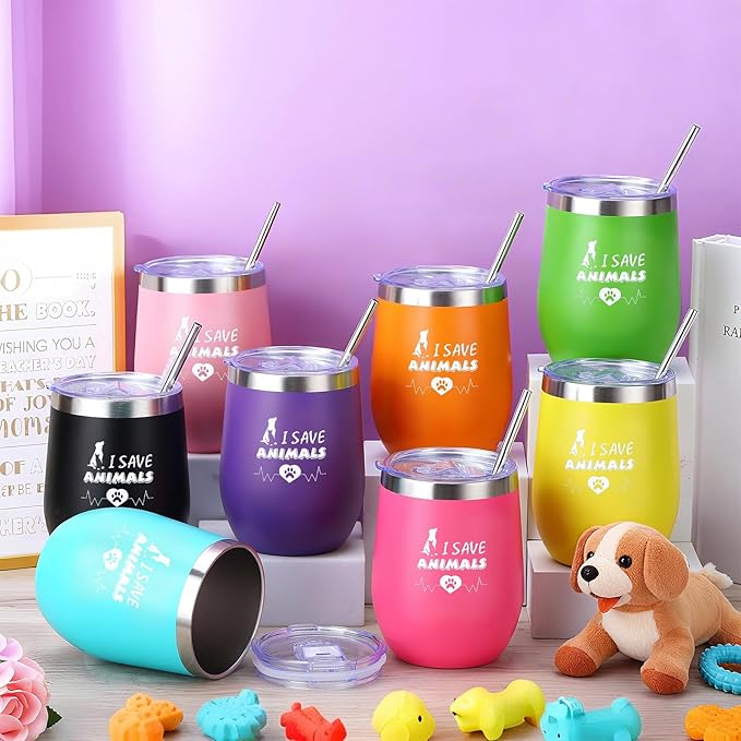 Sliner 8 Pcs Vet Receptionist Week Tumbler with Lid 12oz Stainless Steel Veterinarian Wine Cups for Veterinary Technologists Animal Rescue Volunteers Staff Coworker Gift