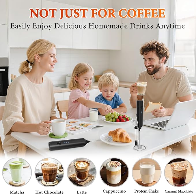 Milk Frother, Rechargeable & Handheld Frother Wand for Coffee, 3 Speed Adjustable Drink Mixer With 3 Stainless Whisks for Matcha, Lattes, Cappuccino, Egg, Electric Whisk Foam Maker (Black)