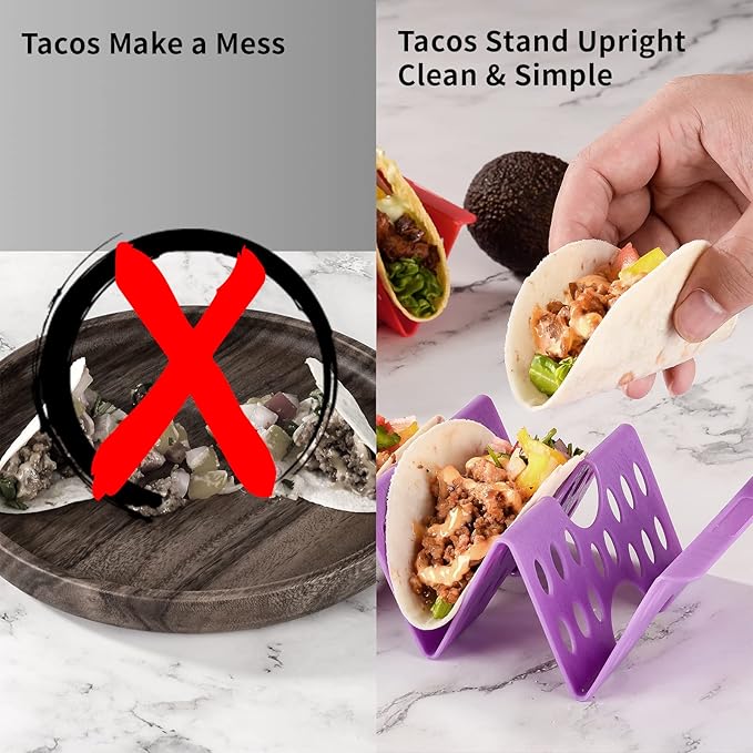 Premium Taco Holder Stand, Colorful Large Taco Holders Set of 6 or 4, Taco Stands for 3 Tacos for Soft/Hard Shells, Street Taco Rack with Plates & Tray, Dishwasher & Microwave Safe