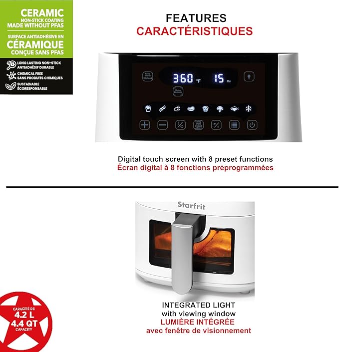 Starfrit Electric Digital Air Fryer - 4.2L Capacity - Ceramic Non-Stick Surface - 8 Preset Functions - Viewing Window -1400W