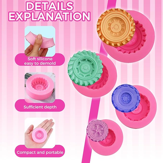 4 Pcs Fondant Molds, 3D Wheel Tire Mold Silicone Set for Cake Decorating, Realistic Tire Chocolate Candy Molds for Cupcake Topper, Polymer Clay, Baking & DIY Crafts