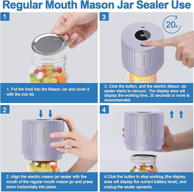 LOVE MOMENT Electric Mason Jar Vacuum Sealer Kit for Wide Mouth and Regular Mouth Mason Jar - Purple
