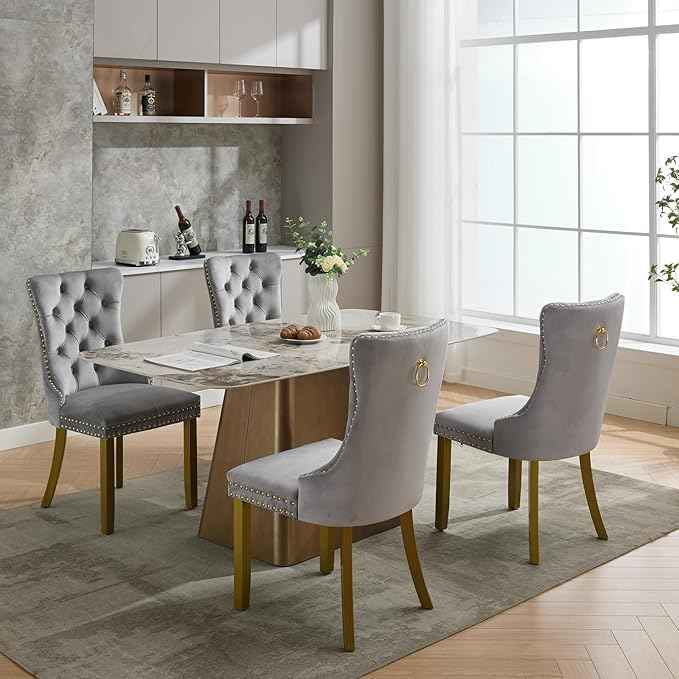 Velvet Dining Chairs Set of 4, Kitchen & Dining Room Chairs, Upholstered Dining Chairs with Back Ring Pull and Golden Solid Wood Legs, Modern Tufted Kitchen Chairs for Dining Room, Light Grey