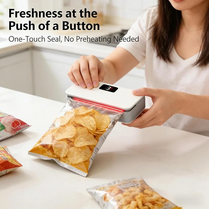 2026 New USB-C Rechargeable Mini Bag Sealer, One-Touch, Adjustable and Portable Freshness, 6-Level Adjustable Heat Sealer & Cutter, LED Display, Magnetic Base for Fridge & Kitchen (Blue)