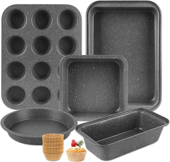 Baking Pans Set, 5 Piece Grey Marble Nonstick Bakeware with 100 Cupcake Liners – Stackable Carbon Steel Set for Small Kitchens, Apartments, Home Baking and Gifts