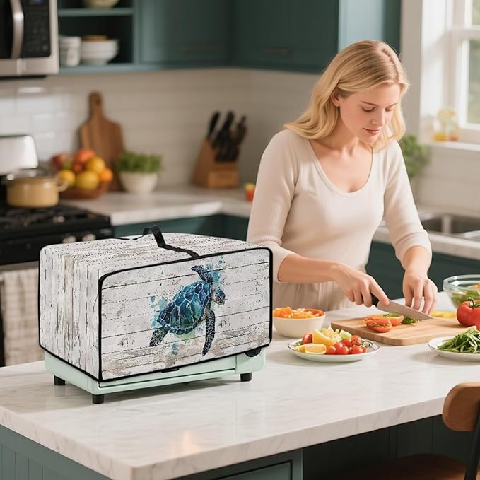 Air Fryer Toaster Oven Cover with Side Pockets, Protective Electrical Appliance Cover Kitchen Countertop Accessories and Decor, S, Watercolor Sea Turtle Wood Grain