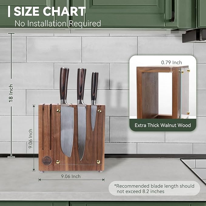 Magnetic Knife Block with Glass Cover, Universal Walnut Wood Knife Holder without Knives for Safe Knife Storage, Large Capacity Knife Storage Organizer for Kitchen Counter Top