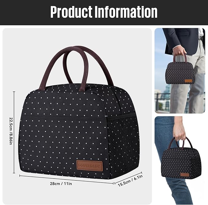 douyadady Lunch Bag Women/Men Lunch Box Women/Men (black polka dot)