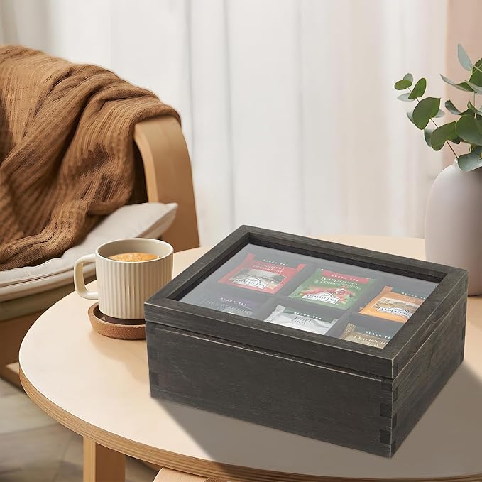 LI.TOPWP Black Wood Tea Bag Organizer, 6 Compartment Multi-Functional Tea Box and Storage Organizer,Tea Storage Chest with Acrylic Lid