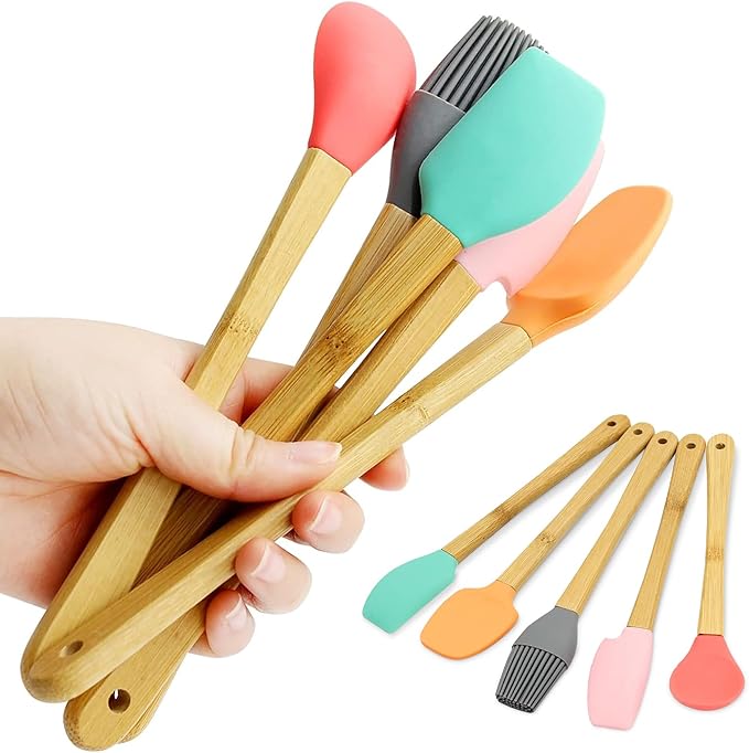 Cheer Collection Mini Silicone Spatula Set – 5-Piece Wooden Handle Kids Baking Tools, Non-Stick Mini Spatula for Baking, Cooking, Cake Decorating & Family Kitchen Fun